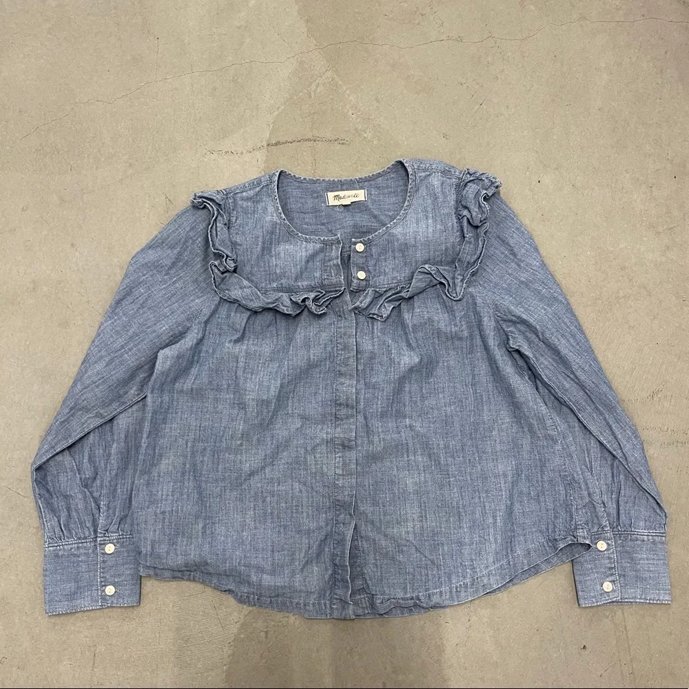 Madewell Chambray Ruffle-Yoke Top Medium